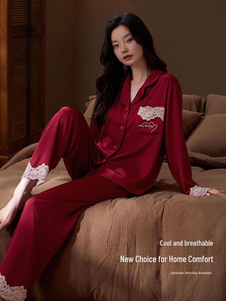 Women's Red Year of the Rat Ice Silk Pajamas - Long Sleeve, Festive Wedding Homewear for Spring/Autumn.