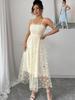 European Daisy Print Ruched Mesh Strapless Midi Dress - French Retro Style