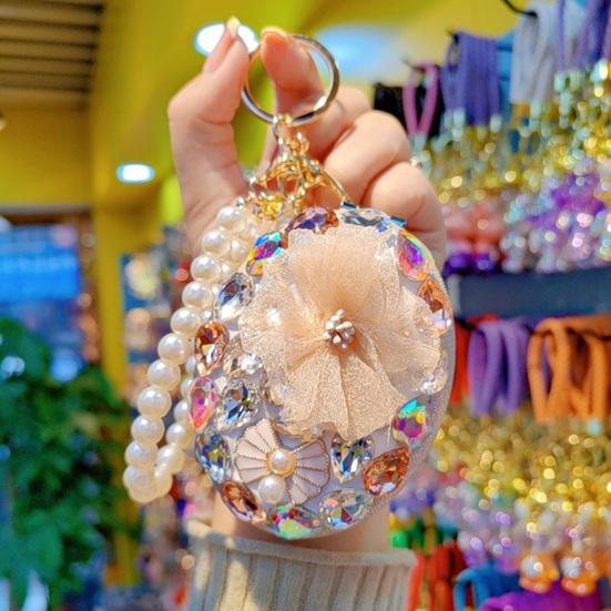 Rhinestone Bling Pocket Mirror Keychain Double-sided Round Folding Makeup Mirror Wristlet Bag Charm for Handbag Purse Travel Accessory