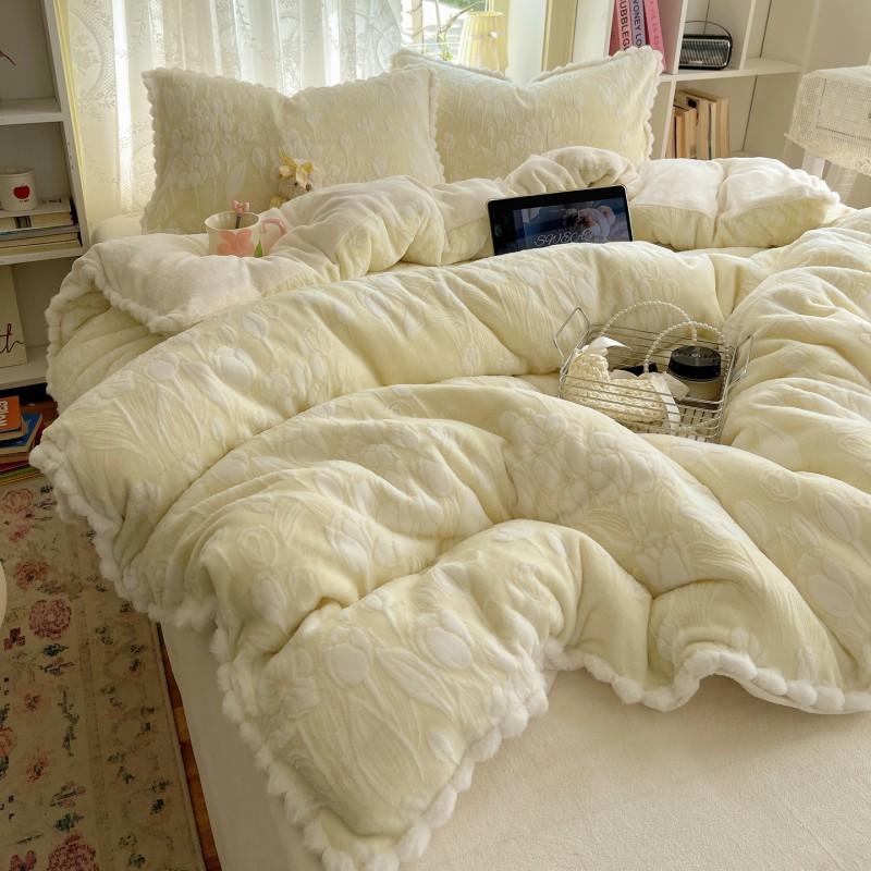 2026 Korean Winter Milk Fleece Bedding Set High Weight Warm Thick Ruffled Trim 4-Piece