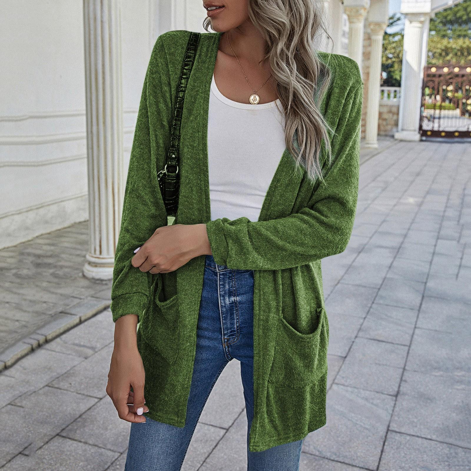 

(SU)Женский новый свободный повседневный тонкий кардиган, однотонная куртка с карманами и длинными рукавами M зелёный