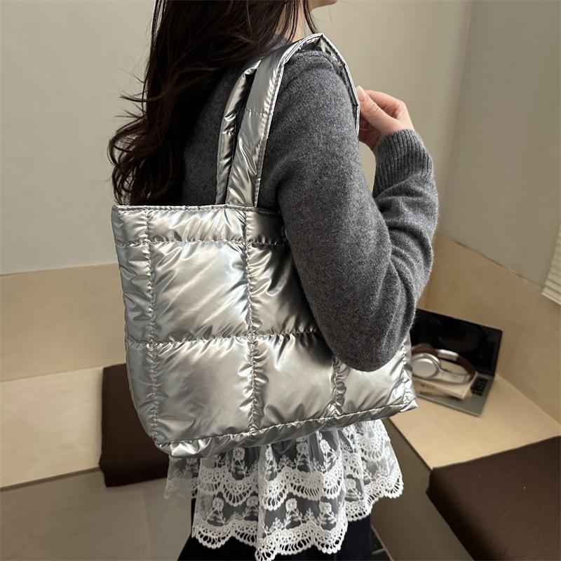 Daily Lightweight Women Puff Shoulder Bags Large Capacity Quilted Design Ladies Tote Bag Simple Solid Color Female Handbags