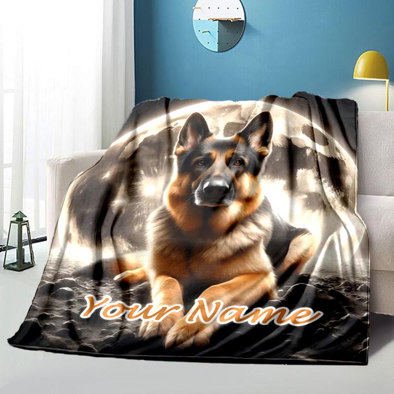 1PC Custom Name Night Dog Moon Scene flannel blanket versatile, all-season throw suitable for the living room, bedroom, camping, travel, and gift