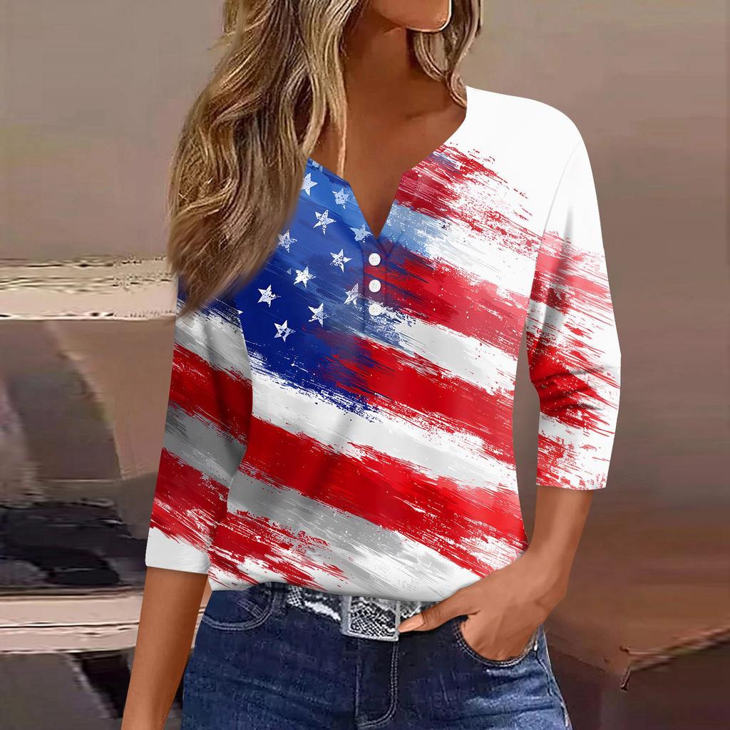 Women's T Shirt Independence Day Print Button 3/4 Sleeve Daily Weekend Fashion Basic V- Neck Regular Top