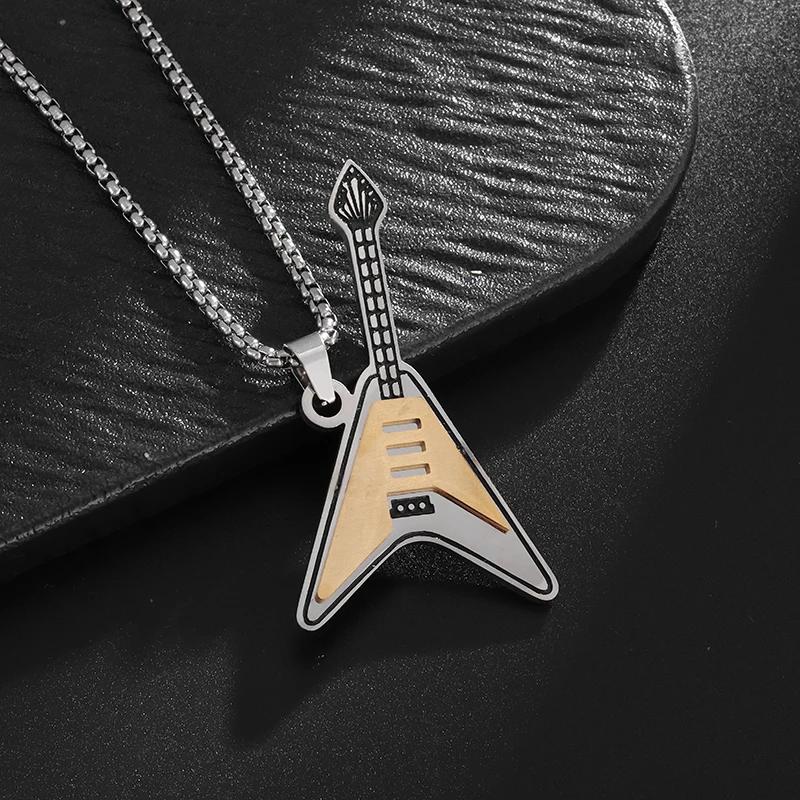 Hip Hop Rock Instrument Bass Guitar Stainless Steel Pendant Necklace for Men Women Personalized Music Party Jewelry Gifts