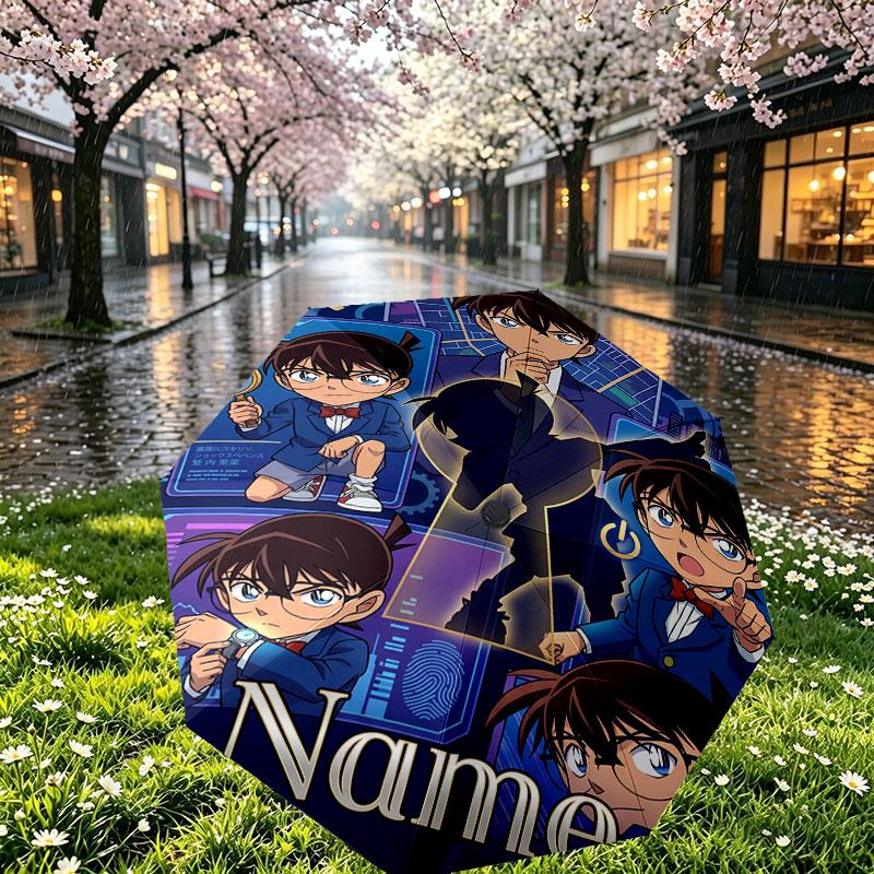 Custom Name Personalized Detective Conan Print Umbrella, Auto Open Close, 8‑Rib Sturdy Frame, Commute Camping Hiking Use, Birthday Gift