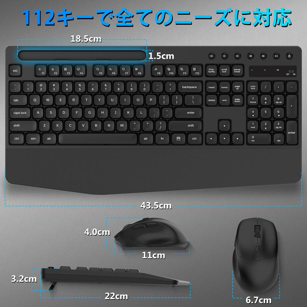 HUO JI Kabelloses Tastatur- und Maus-Set, Leise, Volle Größe, Englisches Layout, 2,4 GHz Kabellos, Null Latenz, Ergonomische Handgelenkauflage, 6-Tasten Gaming-Maus,