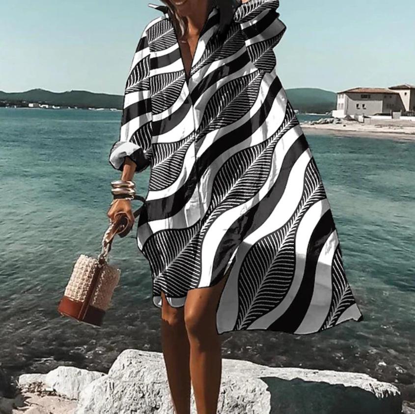 Trendy 3D Floral Print Lapel Long Sleeve Dress