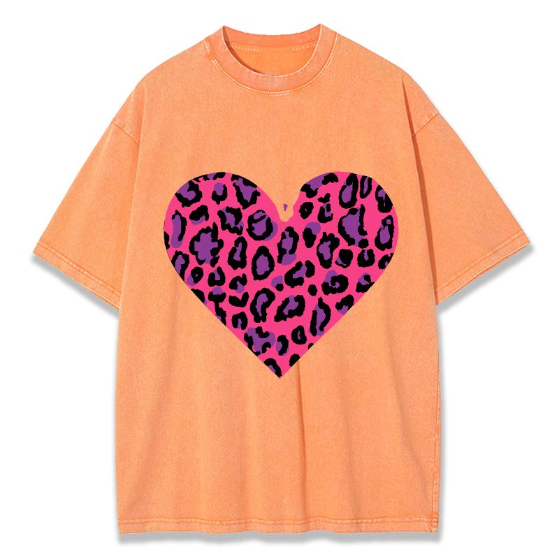 Pink Leopard Heart Prints Washed TShirt Women Cotton T Shirts ONeck Comfortable Distressed Tops Summer Casual Woman Clothes