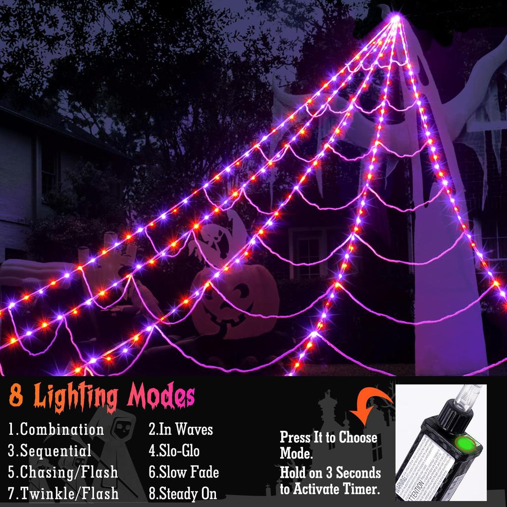 Halloween Spinnennetz Lichter 5m 250 LEDs Lila & Orange Mehrfarbig 8 Modi Timer IP65 Wasserdicht Außen Innen Garten Dekoration mit 5 Erdspießen