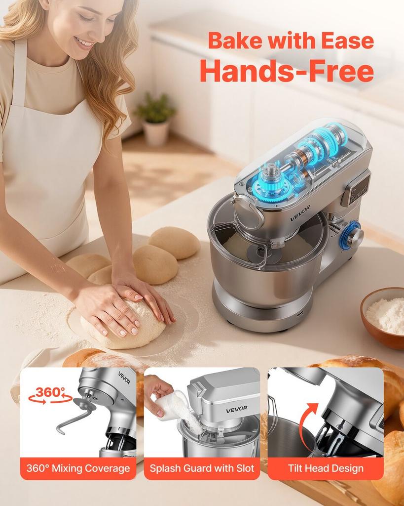 Küchenmaschine, 5,7 L Elektrische Küchenmaschine, 1500W Teigkneter, 6+P Geschwindigkeiten Kippkopf Lebensmittel-Mixer mit 1,5 L Mixbecher, Edelstahlschüssel, Teig
