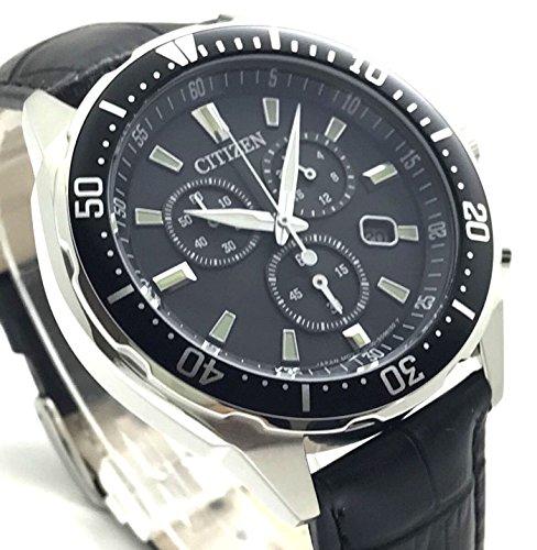 Citizen Eco-Drive Chronograph Solar Watch VO10-6771F BK Genuine Leather Strap Rotating Bezel Black Base Model
