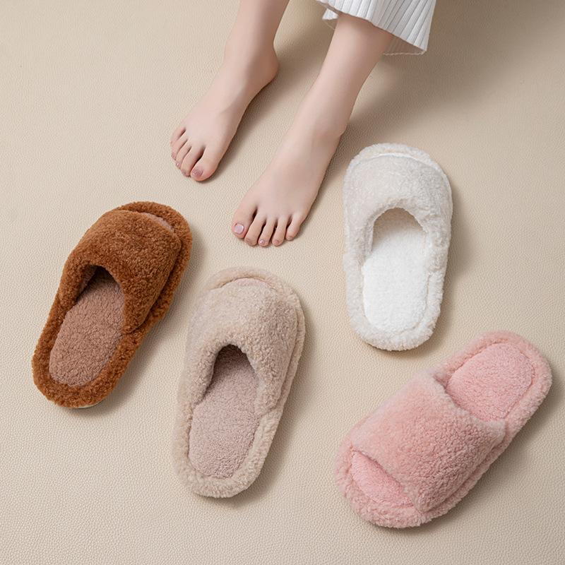 Solid color open cotton slippers ins fluffy slippers basic home plush slippers
