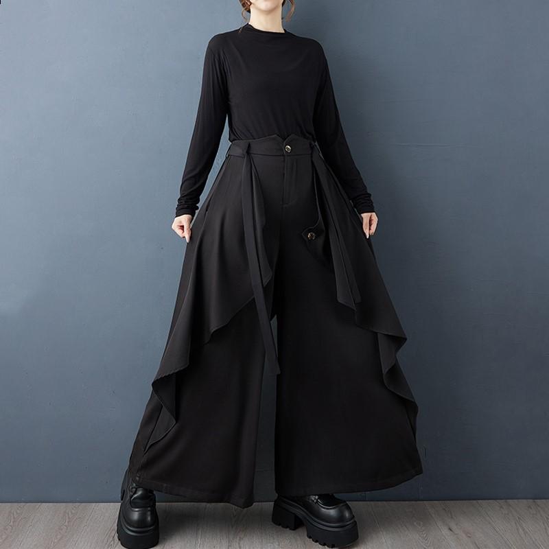 Pluss størrelse Svart Vintage høy midje Casual løse Vår høst vide ben Bukser Damebukser