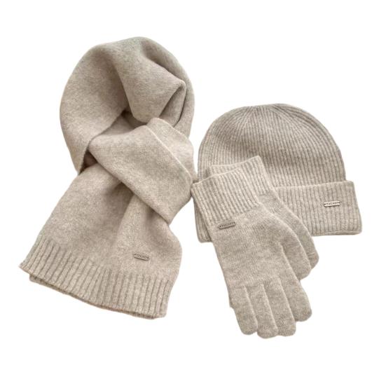 3Pcs/Set Women Hat Scarf Gloves Set Solid Color Ribbed Trim Brimless Hat Long Scarf Warm Gloves Set Winter Accessories