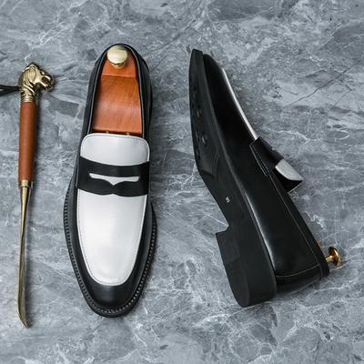 Große Größe 2025 Frühling schwarz-weiß farblich passende Lederschuhe Herren Slipper zum Hineinschlüpfen Britische Business Casual Herrenschuhe