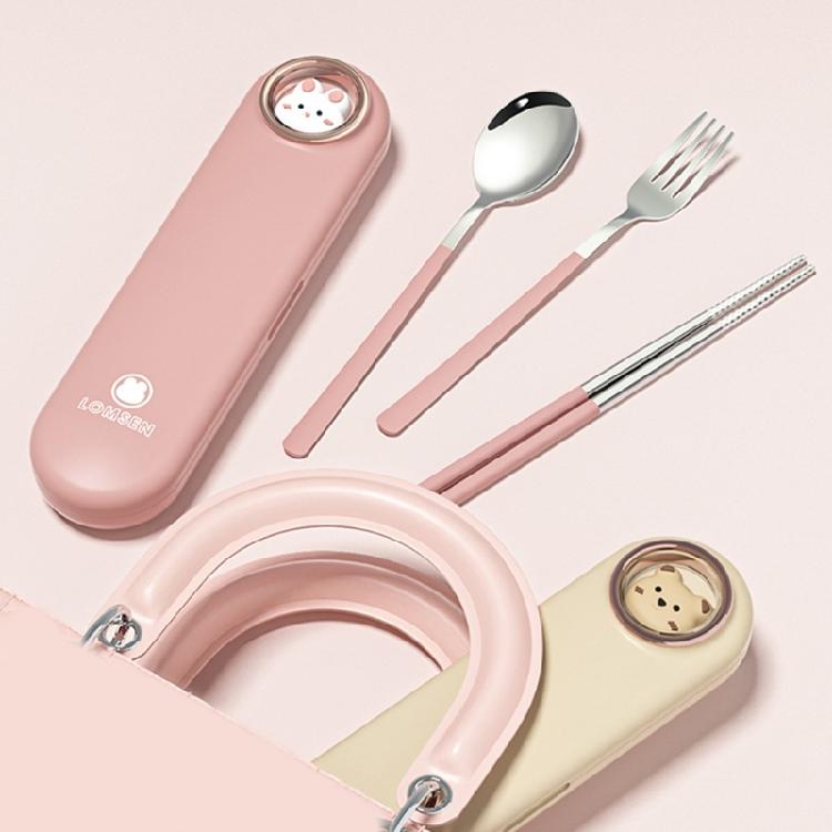 Edelstahl Tafelgeschirr Gabel Löffel Essstäbchen Set Mit Kunststoffgriff Rostfreies Design Und Cartoon-Etui Für Draußen