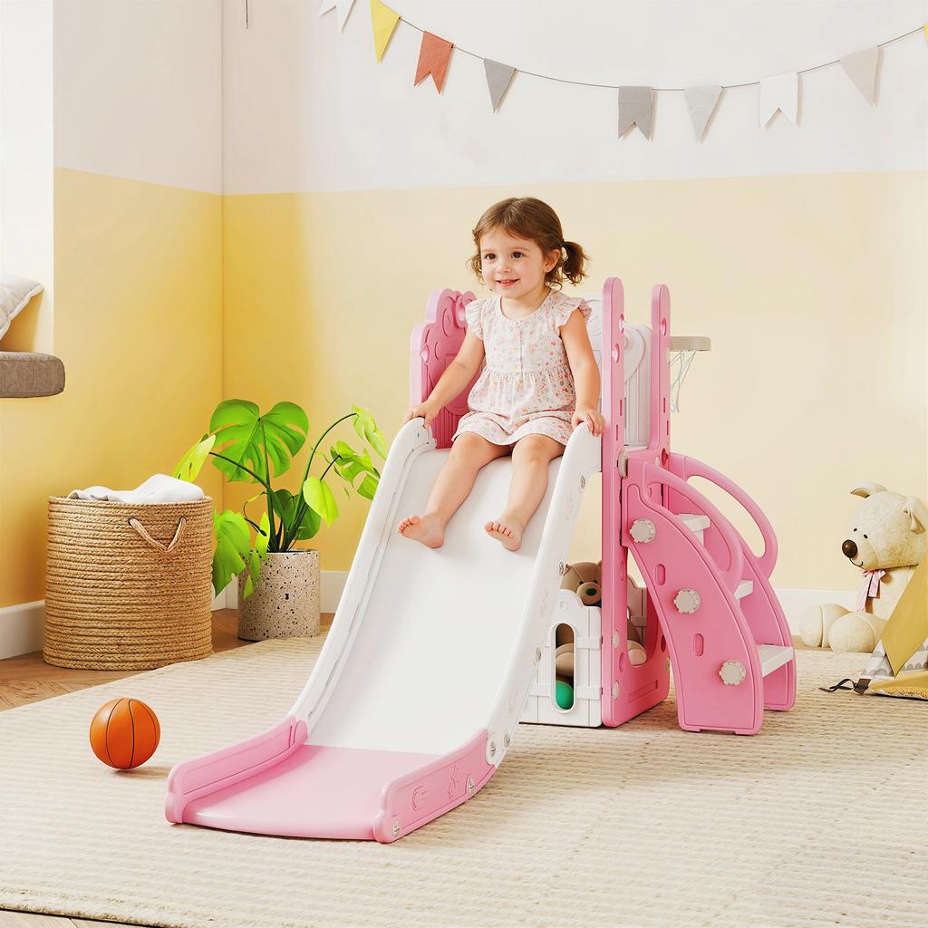 5 In 1 Kids Slide Set with Basketball Hoop, Climbing Frame, Telescope, Storage Box for Toddlers Ages 1-3, Pink