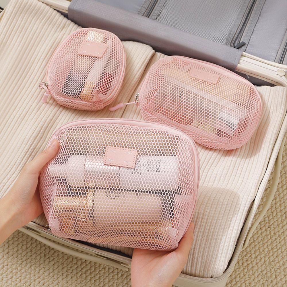 Casual Nylon Cosmetic Bag With Zipper Mesh Storage Pouch Multipurpose Hand-held Mesh Makeup Bags Women