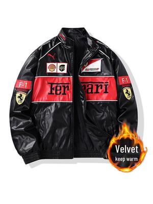 Fleece-Lined PU Leather Motorcycle Jacket with American Embroidery