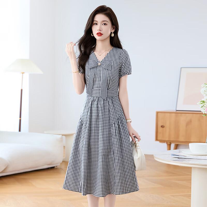 Ke Bei Er Elegant Plaid Bow-Tie Midi Dress