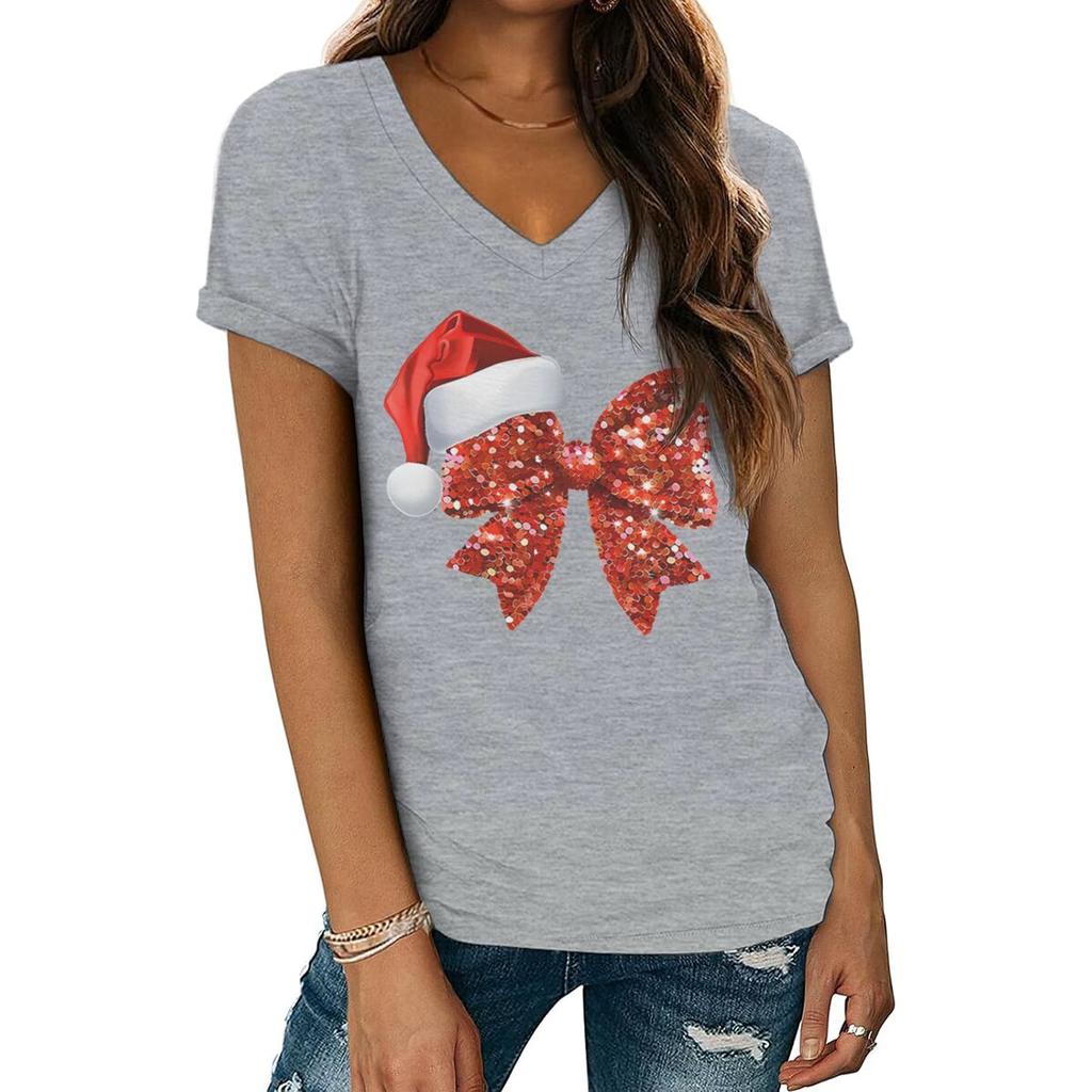 Christmas Santa Hat  Glittery Red Bow TShirt for Women Vneck Festive Holiday Party Tops Women Merry Christmas Soft Tee