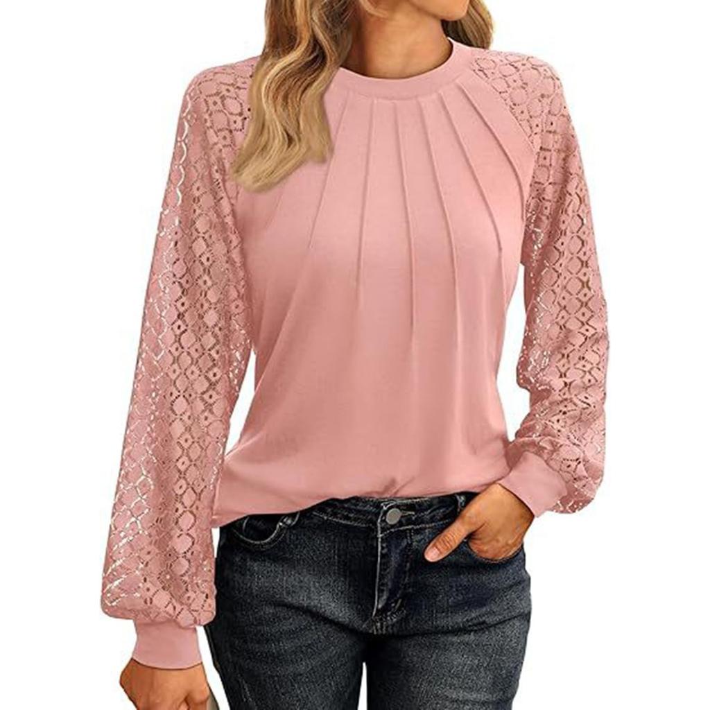 Women's Fashionable Long Sleeve Tops Lace Ruched T-Shirt Solid Round Neck Blouses Casual Top