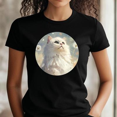 T-Shirt Women Persian Cat with Dandelion Motif Cotton Size XS To 3XLWill Be Opened In a New Window or Tab