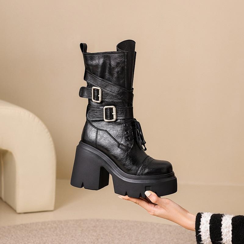 12cm Thick Sole Mid-Tube Women's Boots Retro Western High Heels Autumn Winter Fashionable Chunky Heel Booties
