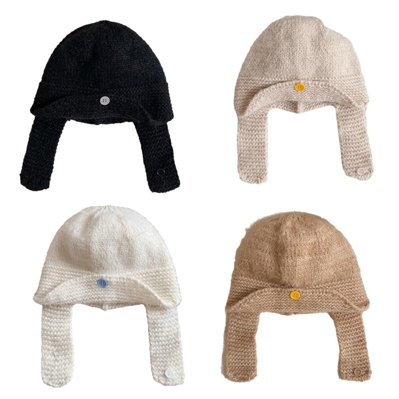 Winter Warm Knit Hat for Women Girl Button EarFlap Beanie Hat Outdoor Activity Scarf Cap Windproof Headwear Pullover Hat