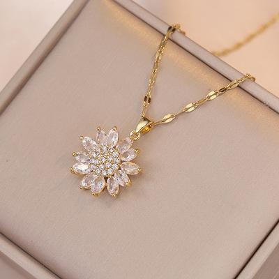 Copper Micro-inlaid Zircon Rotating Sunflower Pendant Necklace Temperament Light Luxury Niche Design Sense Clavicle Chain