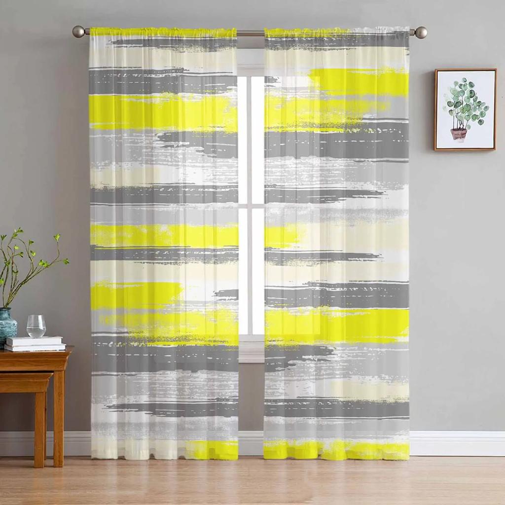 Rideaux en Tulle Jaune Peinture Ligne Géométrique Pour Salon Rideau Transparent Pour Chambre Cuisine Stores Rideaux Voile