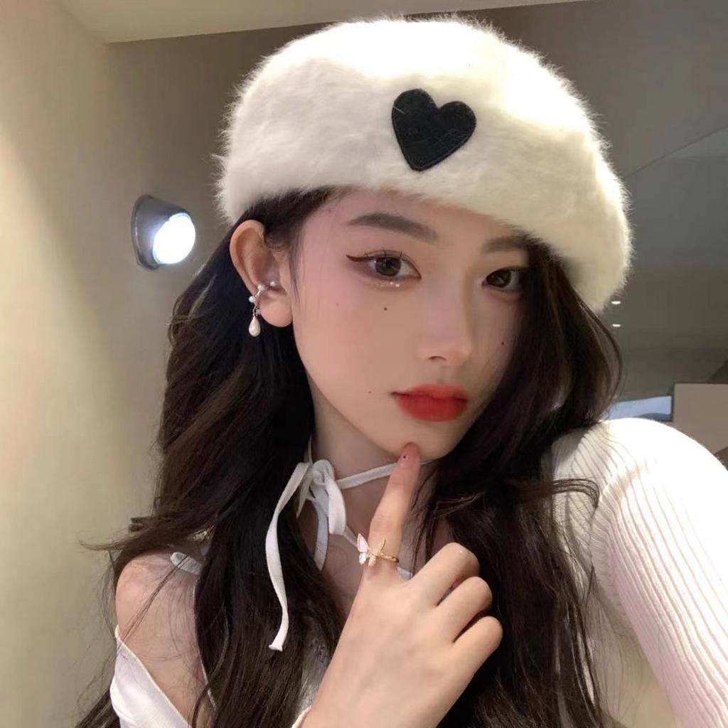 Women’s Hat Sweet and Cute Bowknot Rabbit Fur Plush Beret - Warm Painter Hat for Autumn and Winter