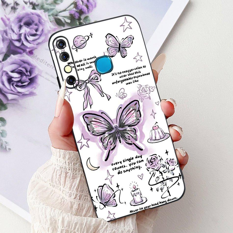 For Infinix Hot 8 Phone Case Hot 8 Lite Hot8 X650 X650C X650B X650D Elegant Floral Cat Pattern Black Silicone Soft TPU Cases