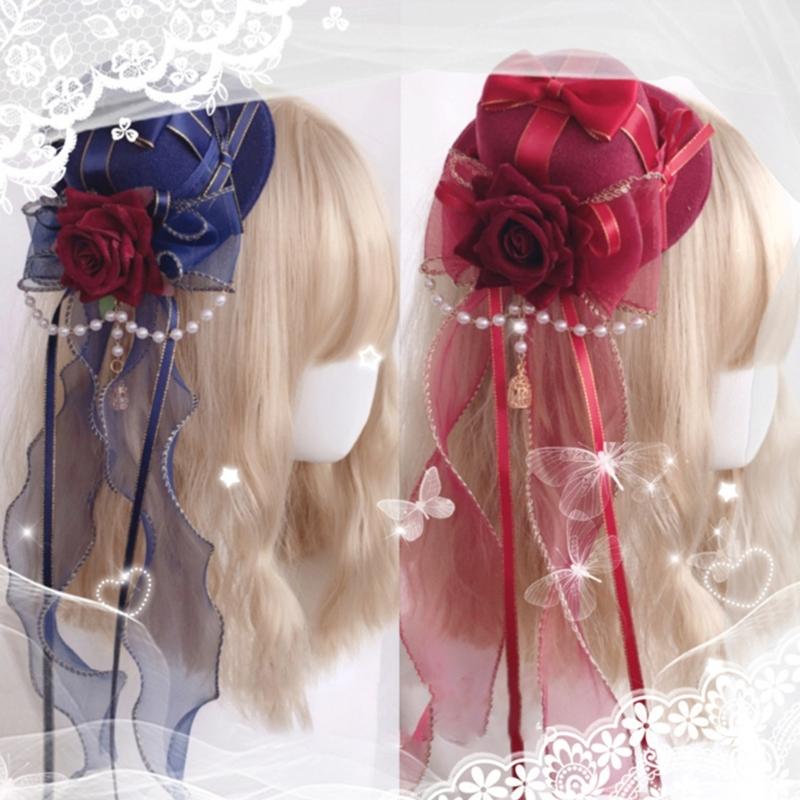 Gothic Lace Flat Top Hat with Veil Ribbon for Women Cosplay Party Costume Day of the Death Headpiece Holiday Accessories