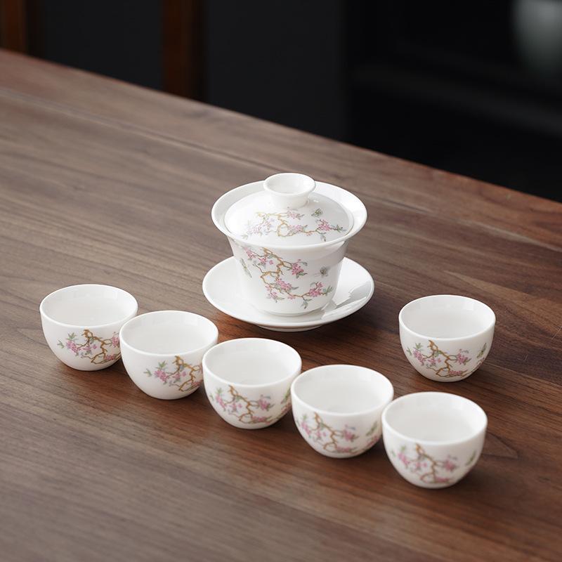 Business High-end Gift Box Dehua Suet Jade Ceramic Tea Ware Chinese Wisteria Flower Complete Set Meeting Set