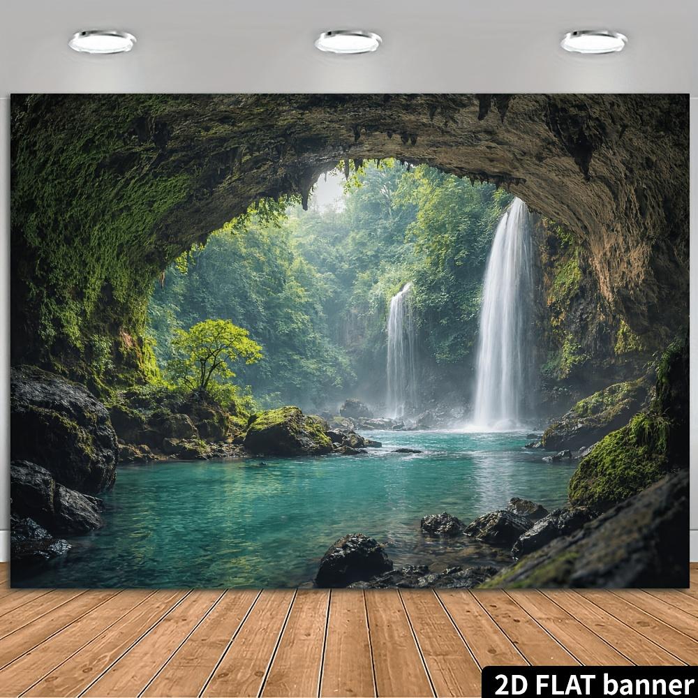 2D planar cave waterfall natural background fabric. Cave view of two waterfalls emerald pool water moss-covered rocks. (as the picture,100x150cm)