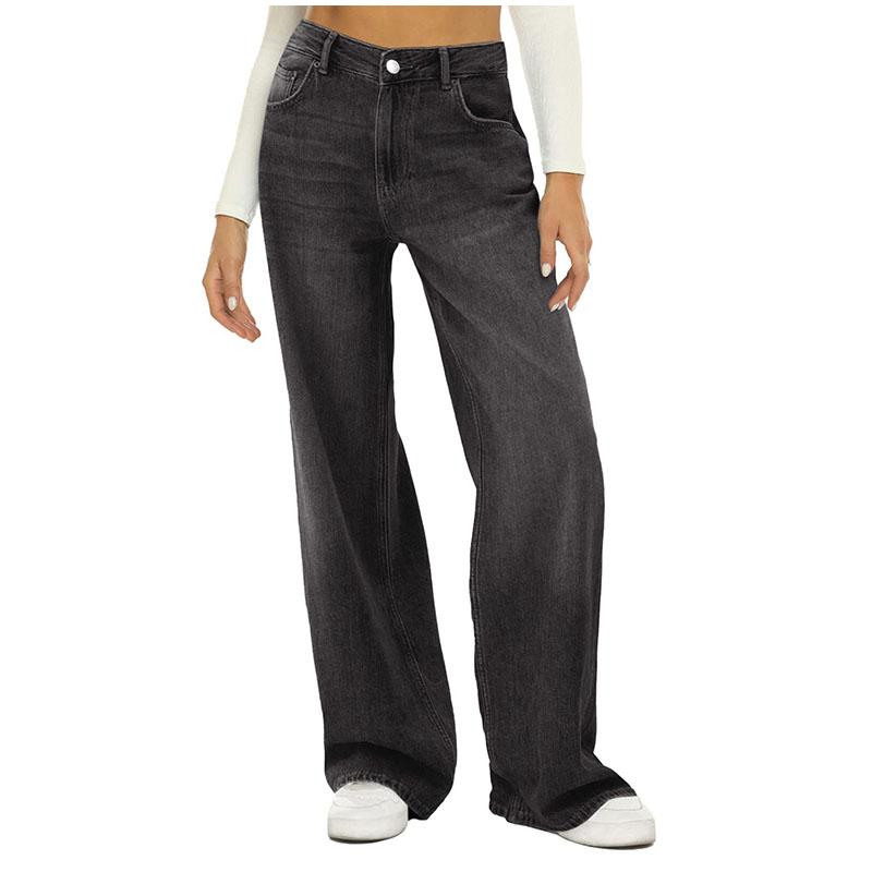 Spring Summer Women Jeans High Waist Wide Leg Loose Button Zipper Multi Pockets Full Length Solid Color Denim Long Pants