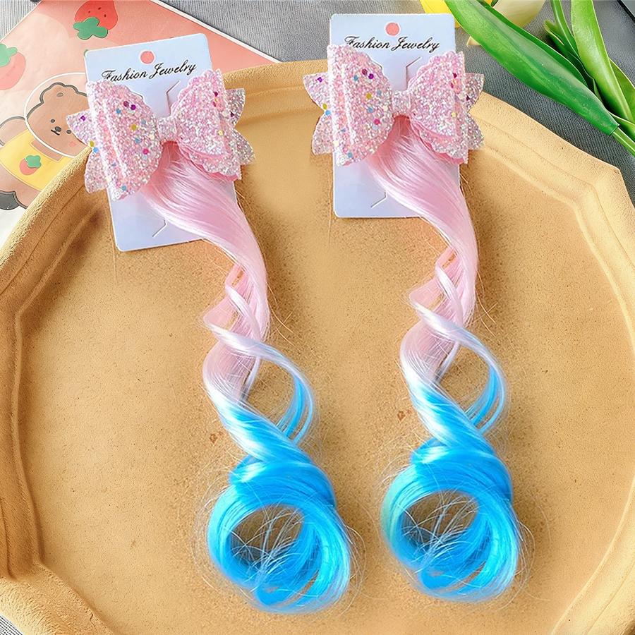 1/2pcs Cute Curly Hair Bowtie Wig Girls Hairpins Ombre Color Headwear Hair Clips For Princess Dress Up Birthday Gift Party Favor