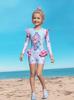 Costume da bagno intero a maniche lunghe con volant per bambina, con slip, certificato CPC per bambini