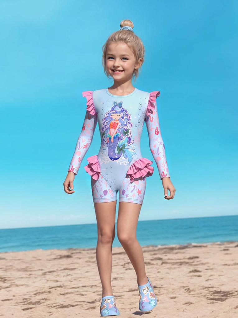 Costume da bagno intero a maniche lunghe con volant per bambina, con slip, certificato CPC per bambini