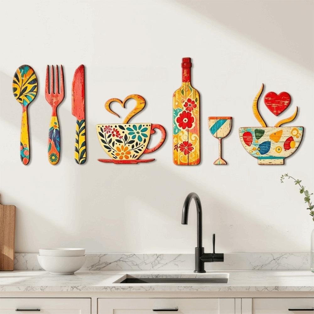 7/8 Pcs Rustic Distressed Floral Coffee Element Wall Plaques Dining Room Wall Decor Set Kitchen