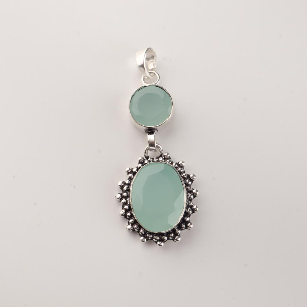Aqua Chalcedony Gemstone 925 Sterling Silver Charm Pendant 1.7" Birthday Gift For Her VPP-4-16