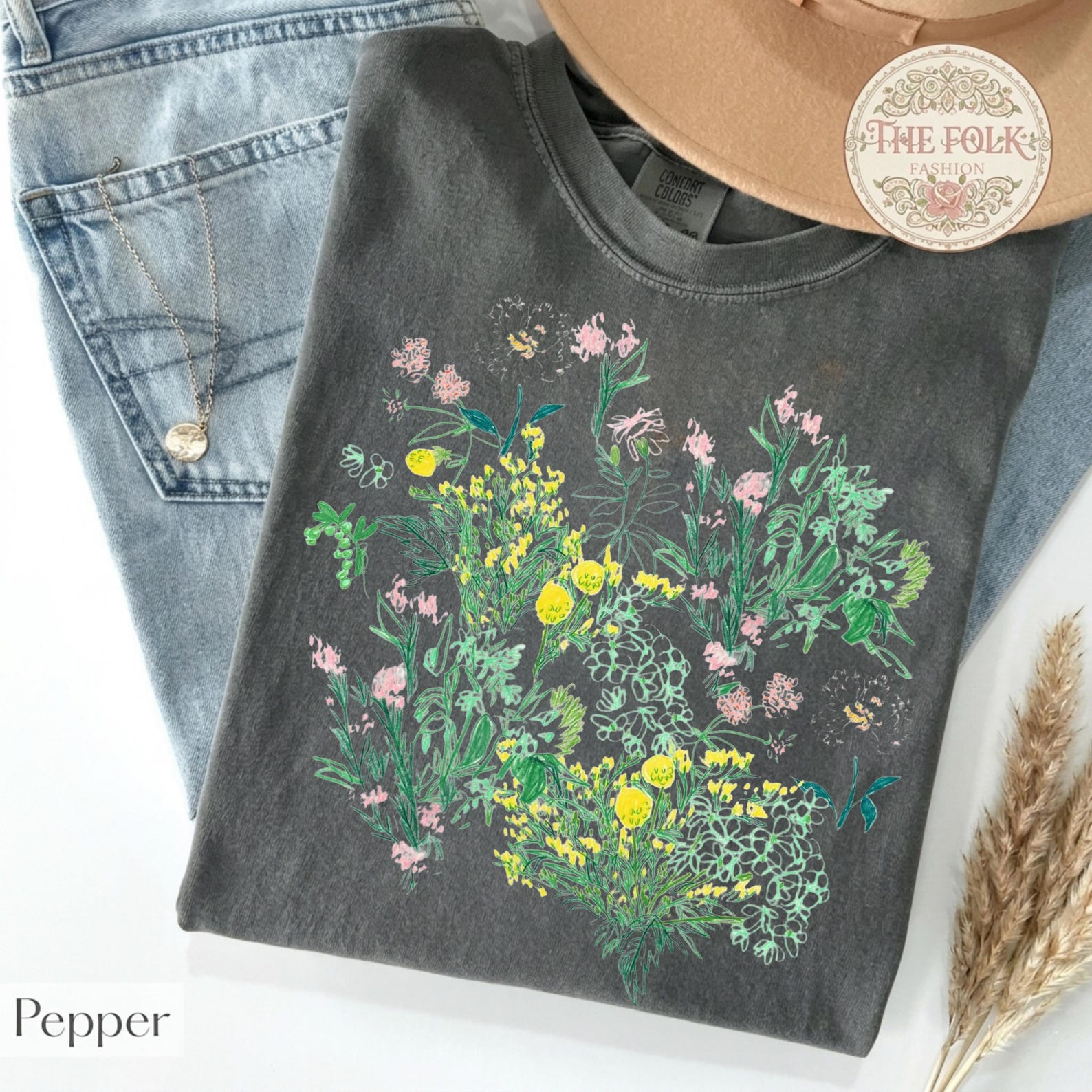 Comfort Colors Wildflower TShirt, Cottagecore Botanical Floral Tee, Pressed Flower Shirt, Soft Aesthetic Boho Shirt, Pastel Meadow Tee M