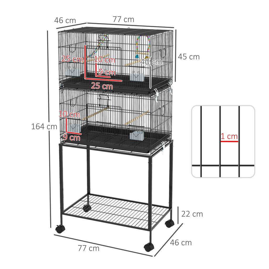 Steel and PP Bird Cage, Stacked Design with Perches, Swings and Ladders, 77x46x164 Cm, Black