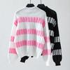 Autumn Winter Vintage Stripe Pullover Knitwear Top Loose Long Hooded Stand Collar Sweater