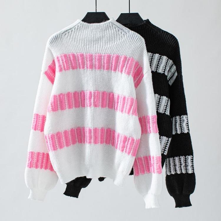 Autumn Winter Vintage Stripe Pullover Knitwear Top Loose Long Hooded Stand Collar Sweater