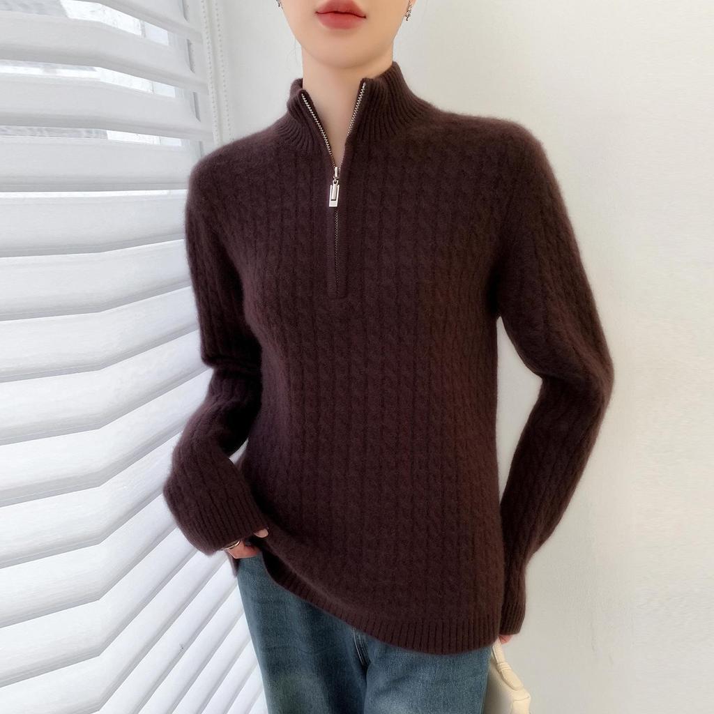 Women's 100% Wool Cable Knit Sweater: Autumn/Winter Seven-Stitch Thickened Half-High Collar with Half-Zip & Long Sleeves
