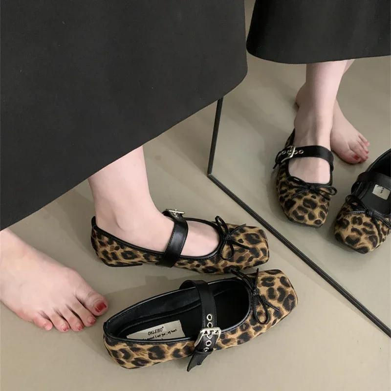 Fashion Leopard Print Women Mary Jane Shoes Fashion Shallow Butterfly-knot Flats Retro Style Ladies Comfort Soft Sole Ballerina Shoes