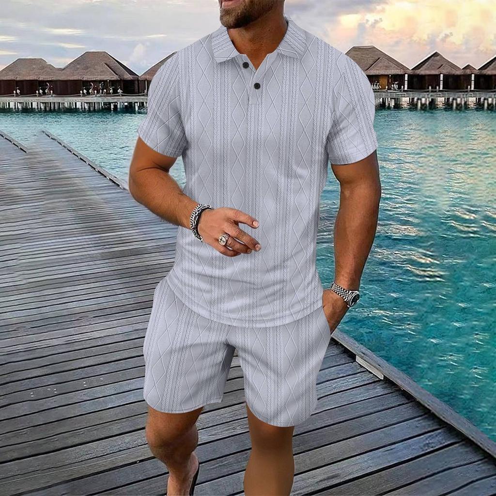 Men's Summer Solid Color Breathable Loose Buttons Short Sleeve Shirt Shorts Set
